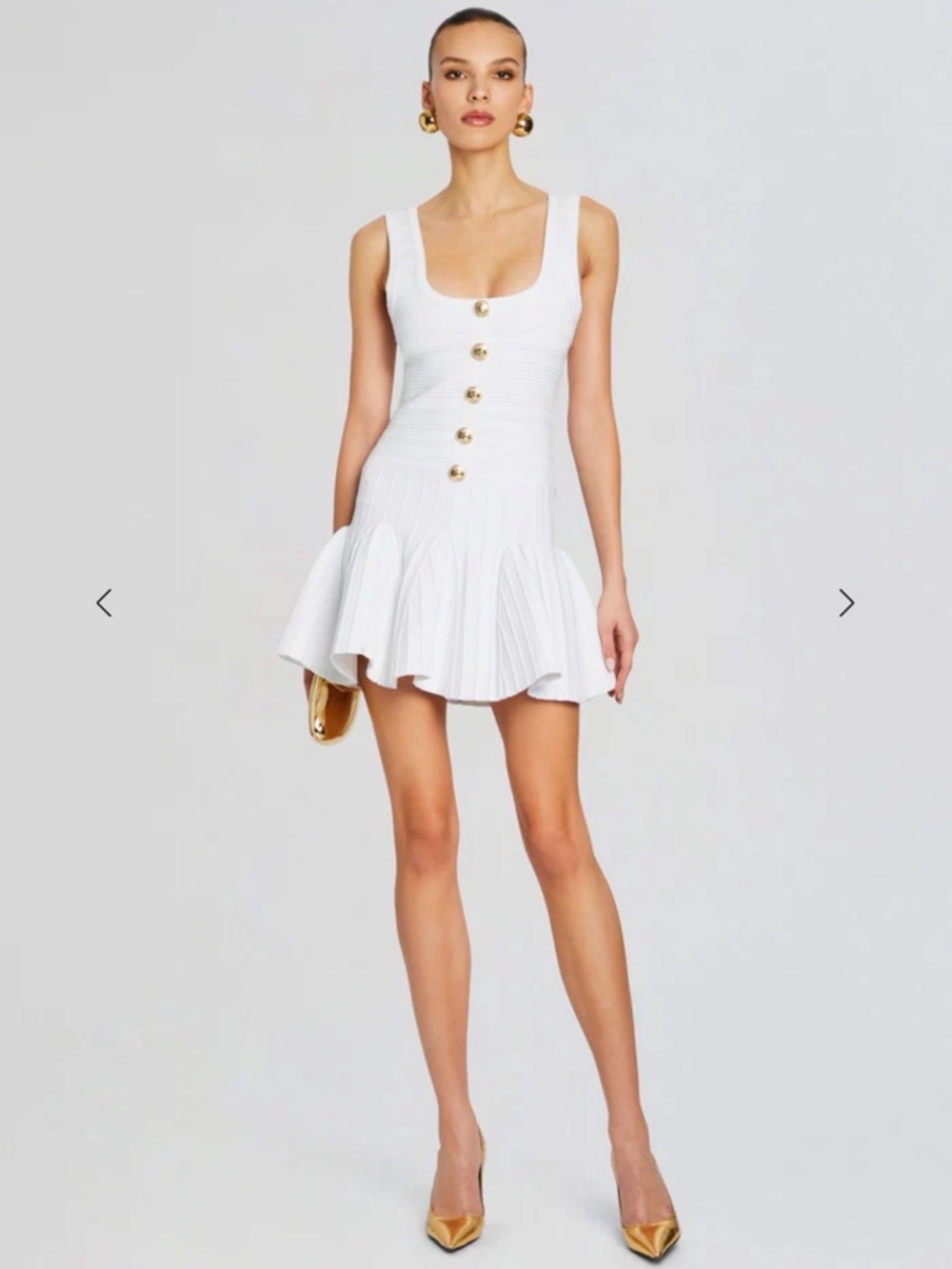 Retrofete White Sleeveless Scoop-Neck Mini Dress with Gold Buttons